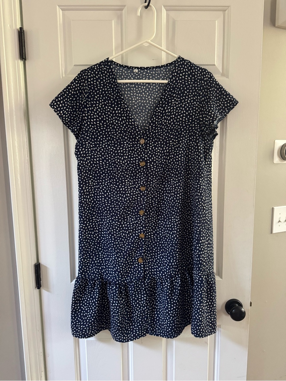 Navy Dot Button-Front Ruffle Hem Dress